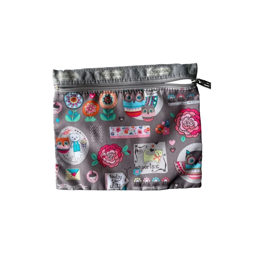 LeSportsac Keep Happy Tote Bag Pouch Cats Owls Floral Gray Pink Travel Set
